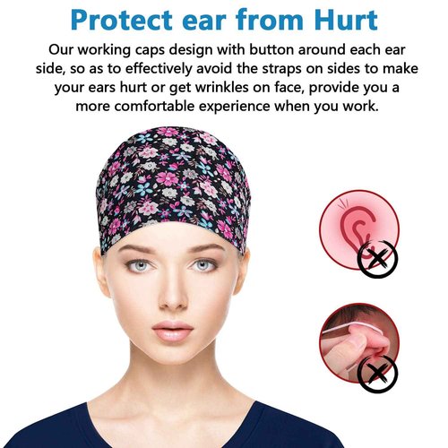 Adjustable Working Caps with Button & Sweatband, Women Ponytail Pouch Hats, Long Hair (Red Flower+Black)