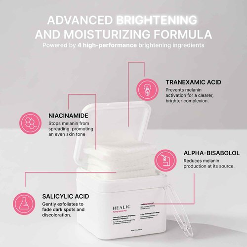 Healic Toning Active Pad – Dual-Textured Toner Pads for Brightening, Hydrating, and Soothing with Tranexamic Acid & Hyaluronic Acid – Gentle for Sensitive Skin, Korean Skin Care, Vegan, 70 Pads