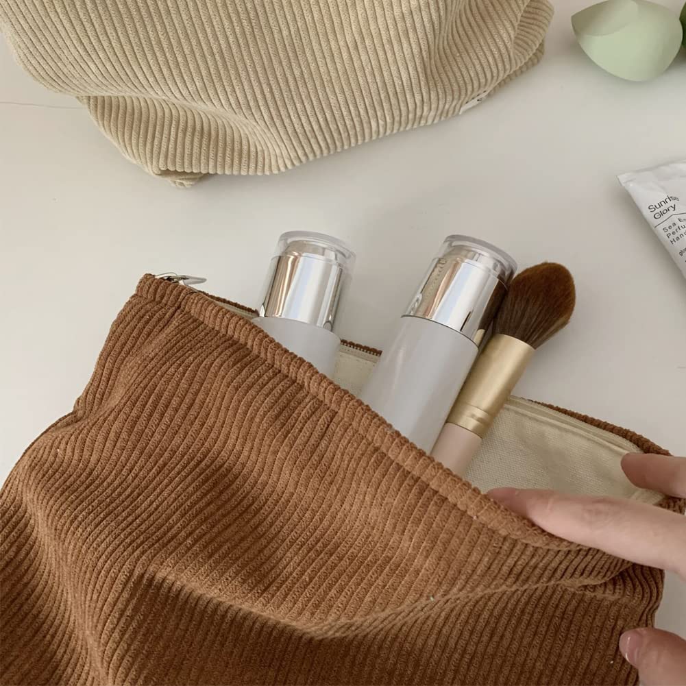 Cosmetic Bags for Women Makeup Bag Large Capacity Purse Travel Toiletry Zipper Storage Pouch Make up Brushes Organizer for Gifts (Corduroy, Khaki)