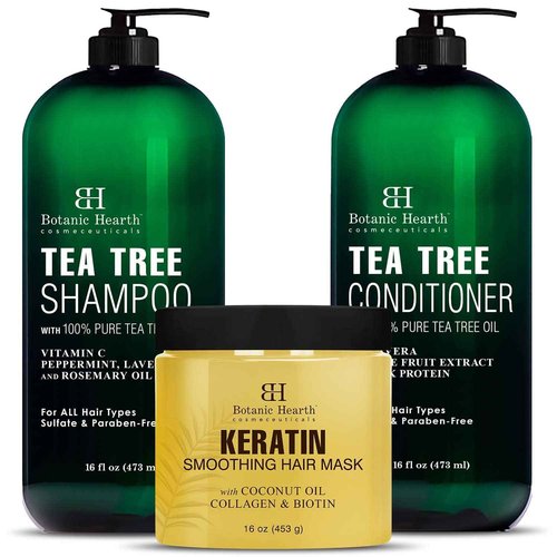 Botanic Hearth Keratin Hair Mask (16 oz) and Tea Tree Shampoo and Conditioner Set (16 oz each) Bundle