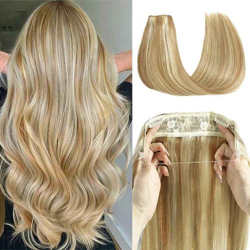 14 Inch Hair Extensions - Light Blonde to 613 Blonde Straight Human Hair With Transparent Fish Line Invisible Hairpiece - Hidden Wire