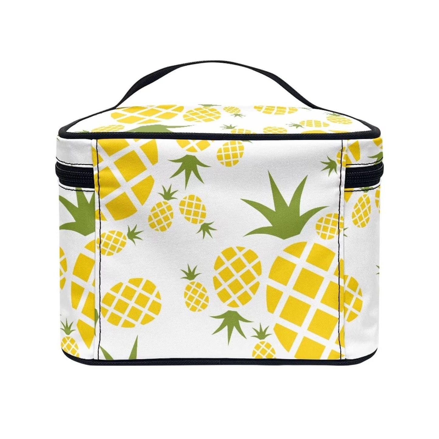 JEOCODY Pineapple Print Makeup Bag Portable Cosmetic Bag Portable Travel Makeup Train Case with Handle for Cosmetics Makeup Brushes, Girls, Women, Friends Gifts