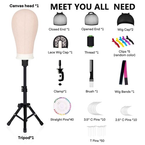 GHWMYD 22 Inch Canvas Wig Head Mannequin Head With 63in Tripod Stand, Manikin Canvas Head Set for Wigs Making Display Styling with Tripod Table Clamp Wig Caps Pins Set Hair Brush, Clips(Beige)