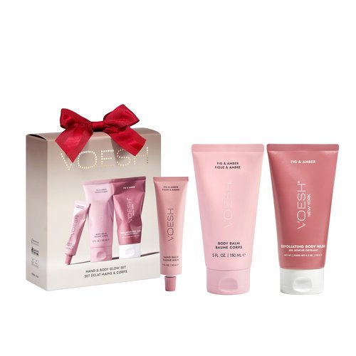 VOESH Hand & Body Glow Holiday Gift Set - 3-Piece Gift Set for Radiant Skin - Exfoliating Body Wash, Body Balm & Hand Balm - Vegan K-Beauty Korean Skincare - Fig & Amber Scent