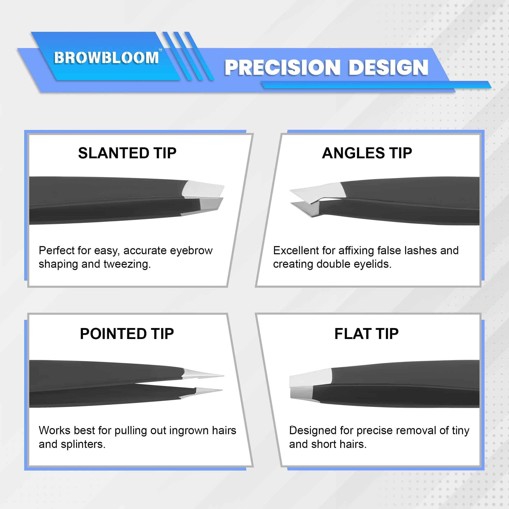 BROWBLOOM 4Piece Set of Professional Tweezers for Women Facial Hair, Black Stainless Steel Precision Tweezer for Ingrown Hair, Eyebrow Tweezers for Men Comes in Carrying Pouch (Black Set)