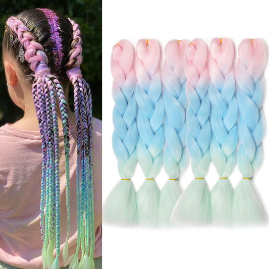 Rainbow Braiding Hair Colored Braiding Hair Extensions 24in 6Packs Jumbo Braiding Synthetic Hair Extension for Grils #Light pink-blue-Green