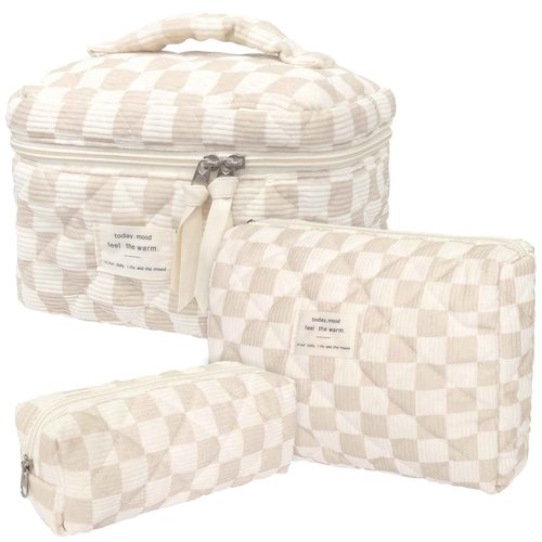 Quilted Cosmetic Bag Large Capacity Travel Cosmetic Bag for Women and Girls Aesthetic Storage for Daily and Travel Use (3pcs-browncheckered)