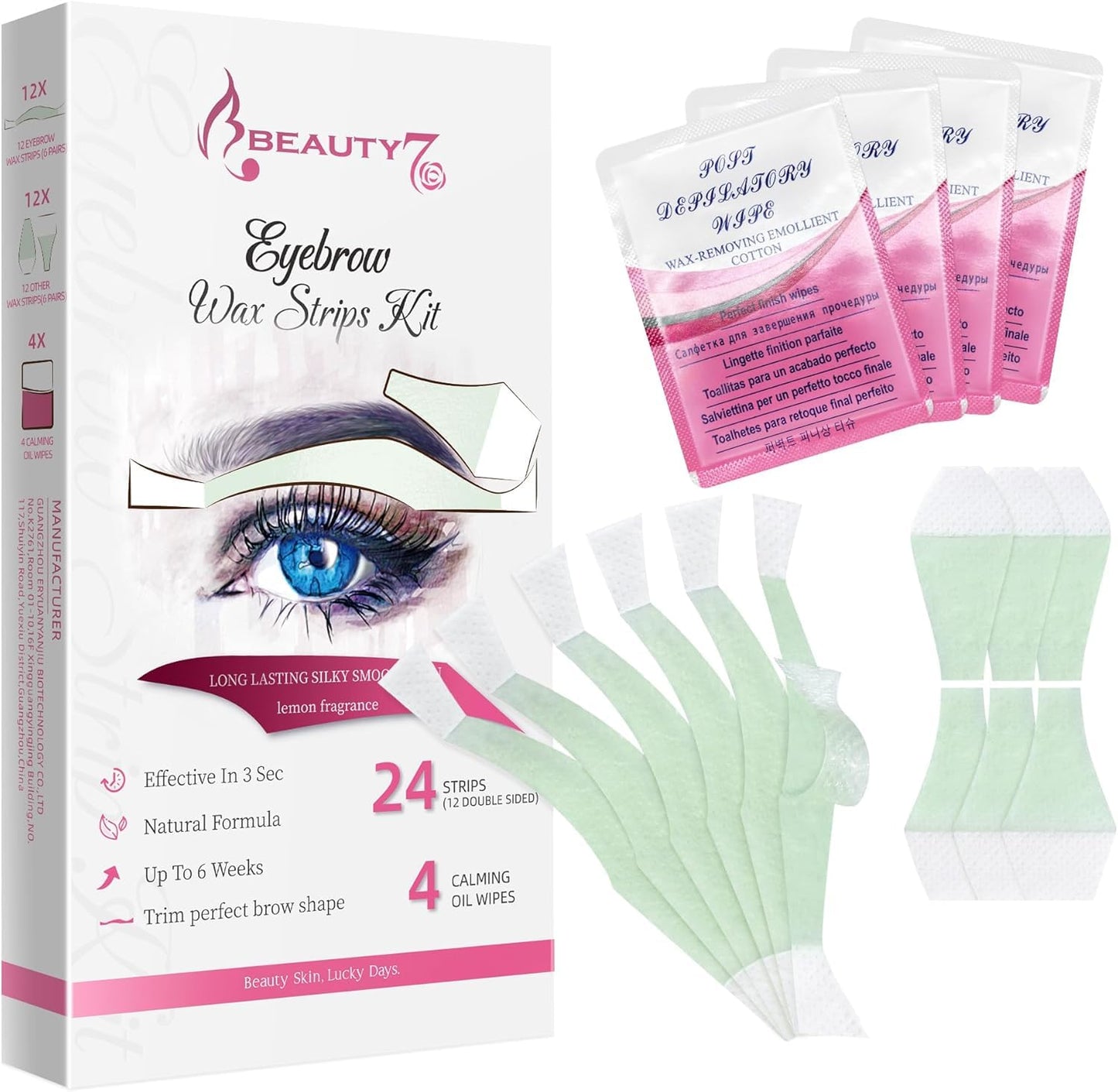 Beauty7 Facial Wax Strips Hair Removal Eyebrow Wax Strips Kit Fit Wax Strips Eyebrow Shaper at Home Waxing 24 Strips 4 Calming Oil Wipes for Sensitive All Skin Types for Women