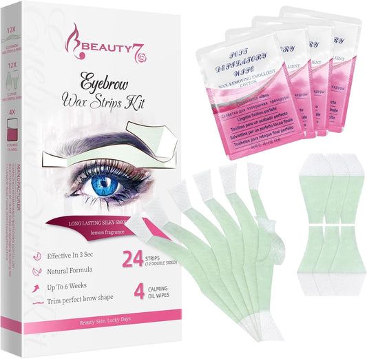 Beauty7 Facial Wax Strips Hair Removal Eyebrow Wax Strips Kit Fit Wax Strips Eyebrow Shaper at Home Waxing 24 Strips 4 Calming Oil Wipes for Sensitive All Skin Types for Women