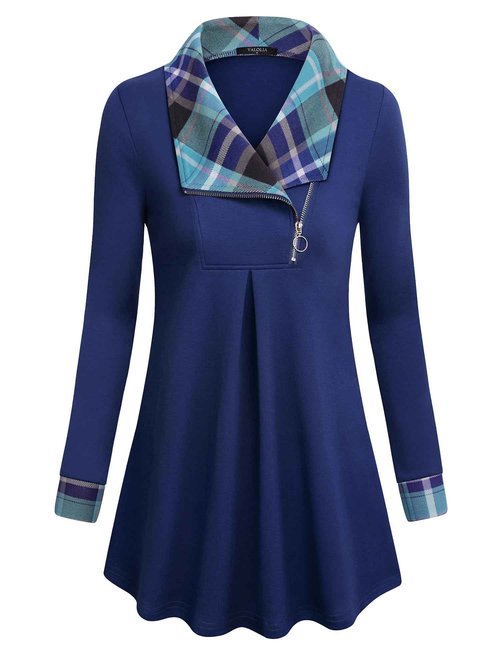 VALOLIA Tunic Tops to Wear with Leggings Dressy,Sweaters for Women Plus Size Womens Tops Fall 2025 Tunic Sweaters for Women Trendy Zipper Neck Fashion Long Sleeve Loose Sweatshirt Blue XX-Large