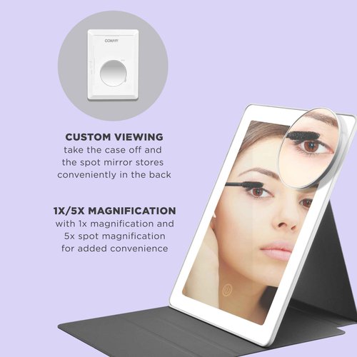 Conair Lighted Makeup Mirror, LED Vanity Mirror, 1X/5X Magnifying Mirror, Foldable with Case, Battery Operated and Rechargeable in White