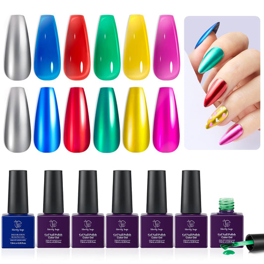 Neon Gel Polish,5 Jelly Gel Polish Summer Colors & 1 Silver Chrome Gel Nail Polish Can Make Various Shades of Metallic Gel Nails,Hot Pink Red,Liquid Chrome for Nails,7.5ml UV Light Cure,Nail Art Kit