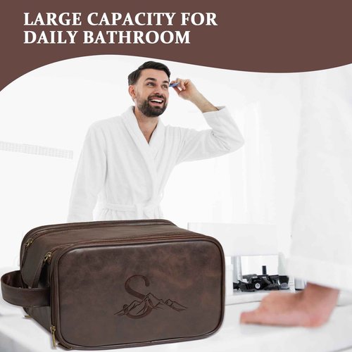 Janhavi Personalized Toiletry Bag for Men, Gifts for Boyfriend, Toiletry Bag For Shower Caddy,Personalized Initials & Mountain, Mens Toiletry Travel Bag, Travel Essentials for Men (Dark Brown J)