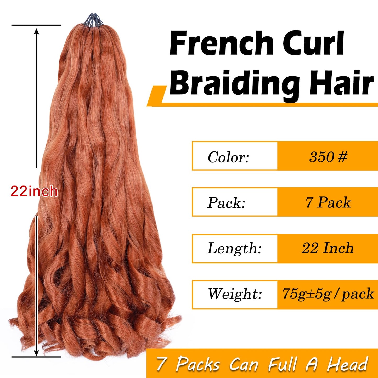 Ginger French Curly Braiding Hair 7 Packs 22 Inch Pre Stretched Ginger Braiding Hair Bouncy Loose Wave Crochet Hair for Women (7 Packs, 350#)