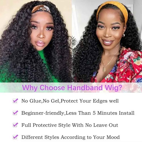 Maytune Headband Wig Curly Human Hair 14 Inch Headband Wigs Glueless Deep Wave None Lace Front Wigs for Black Women Water Wave Headband Wigs 150% Density Natural Color