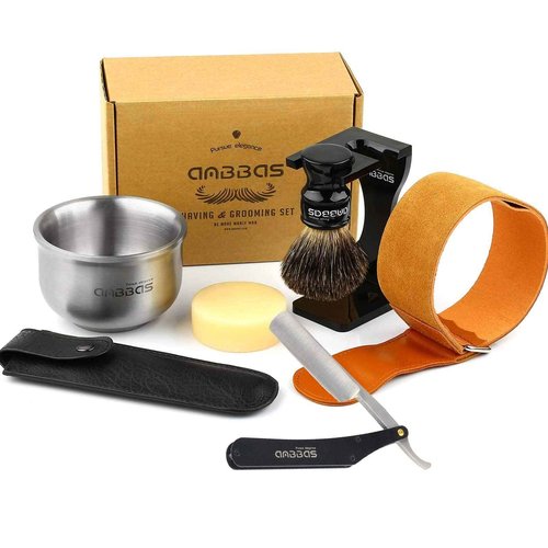 Anbbas Badger Hair Shaving Brush,Stand,Lathering Bowl,3.5oz Soap,Straight Razor with Bag and Razor Strop,7in1 Kit for Men Wet Shave