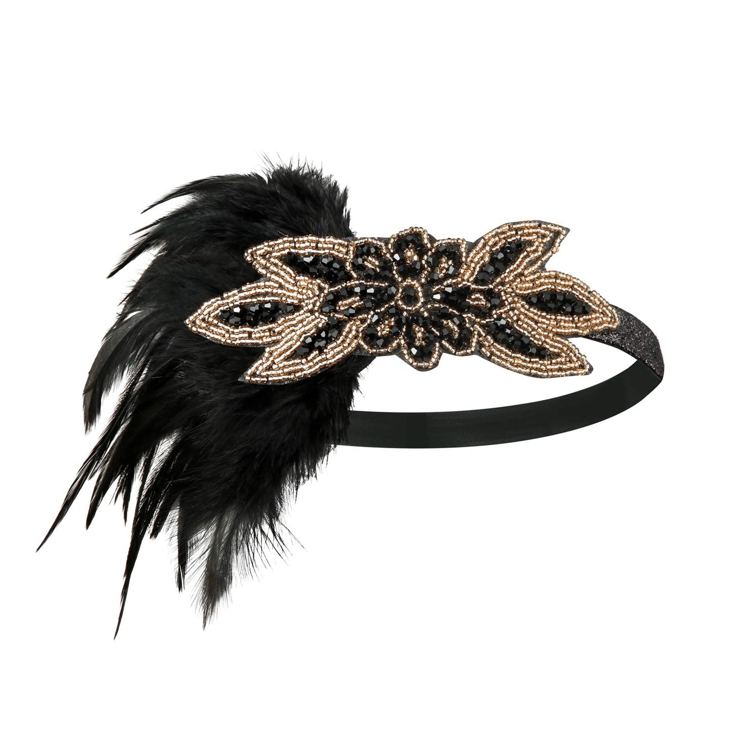 SWEETV 1920s Flapper Feather Headband, 20s Sequined Showgirl Headpiece, Gatsby Hair Accessories for Women (Black)