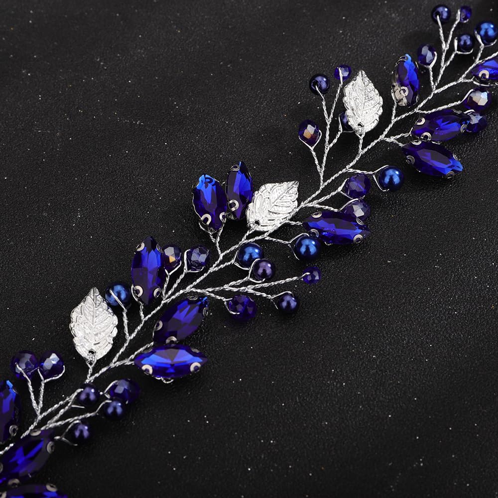 Teyglen Crystal Bride Wedding Hair Vine Bridal Silver Leaf Blue Crystal Headband Handmade Blue Red Black Rhinestone Pearl Hair Pieces Headpieces Hair Accessories for Bride Women Girls (Blue)