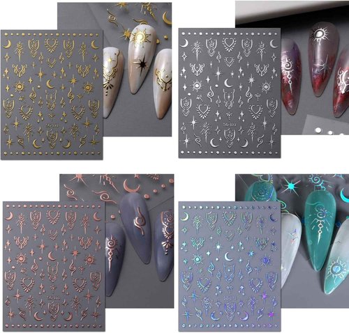 12 Sheets Star Nail Art Stickers Decals 3D Self-Adhesive Silver Gold Moon Nail Stickers Aurora Rose Gold Nail Decals Supplies for Nail Art Design Accessories for Women