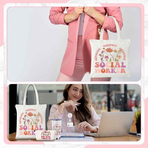 Jiytivity 7 Pcs Social Worker Gifts Set for Women Include Canvas Bag Cosmetic Bag 20 oz Thermos Cup Keychain Badge Holder Notebook Pen for Volunteers School Social Worker Gift