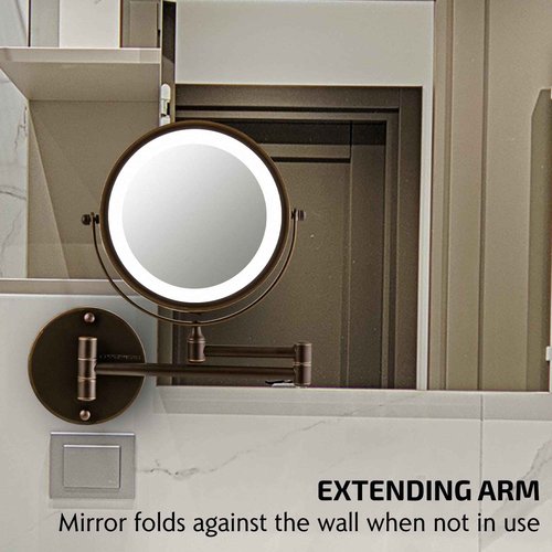 OVENTE Wall Mounted Lighted Makeup Mirror, 7" Double Sided 1X/7X Magnifying Vanity Mirror for Bathroom with LED Lights, Cordless, 360° Rotation and 13" Extendable Arm, Antique Bronze MFW70ABZ1X7X