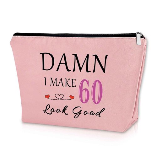Sazuwu Happy 60th Birthday Gift for Mom Pink Makeup Bag Gag Gift for Sixty Birthday Funny Cosmetic Bag Born in 1964 Travel Pouch