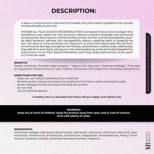 Kashia Beauty Reconstructor Leave-In Powerfull Plus 10.1 oz – Plant-Based Collagen Hair Treatment – Anti-Frizz UV Protection – Deep Hydration with Shea Kokum & Illipe Butters