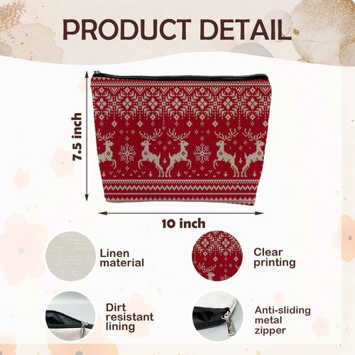 ignytiger Deer Makeup Bag, Red Christmas Reindeer Vintage Holiday Gifts Cosmetic Bags for Women, Winter Holiday Seamless Knitted Pattern Print Canvas Makeup Pounch Bags for Purse