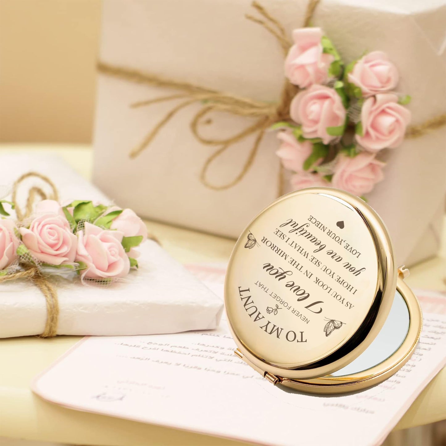 KGKAIMIZL Aunt Gifts from Niece,Gold Compact Mirror Gifts for Aunt，Aunt Birthday Gift Ideas, Rose Gold Compact Makeup Mirror Gift for Aunt, Birthday, Christmas,Mother’s Day Present for Aunt