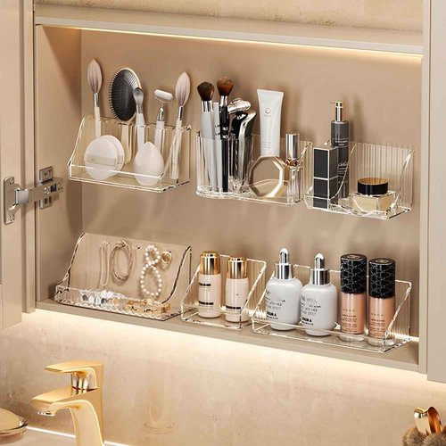 MORNITE 3 Pcs Medicine Cabinet Tray Organizer, Small Adhesive Bathroom Vanity Floating Shelves Storage for Toilet, Mirror, Wall, Countertop, Clear