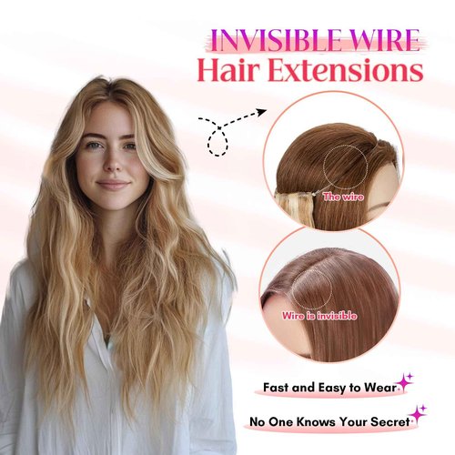 Rich Choices Halo Hair Extensions Real Human Hair Wave Wire In Hair Extensions Human Hair One Piece Clip in Human Remy Hair Halo Hair Extension 12 Inch #18P613 Ash Blonde Mixed Bleach Blonde