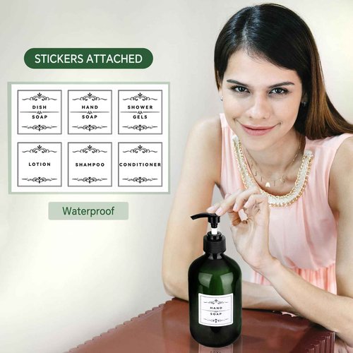 2 Pack Pump Bottles Dispenser 16.9 OZ 500ml Bathroom Countertop Pump Dispensers Refillable Plastic Containers for Lotion Shampoo Body Wash Hand Dish Soap Kitchen Accessories with Waterproof Labels