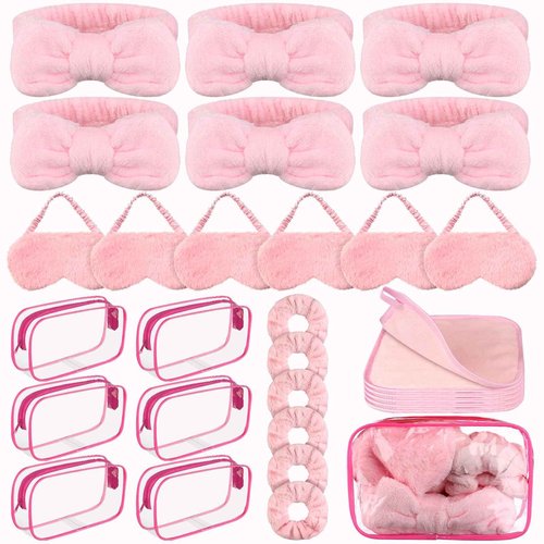 FIONUPI 30 Pcs Spa Sleepover Party Supplies 6 Bow Makeup Headband 6 Pink Plush Sleep Eye Mask 6 Velvet Scrunchies 6 Makeup Remover Cloth 6 Clear Cosmetic Bags for Women Slumber Party Favors