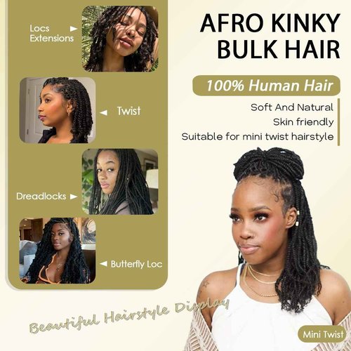 Afro Kinkys Bulk Human Hair for kinky curly Twist Human Braiding Hair For Micro Locs Extensions marley natural Black Color 16 inches 70g/pack