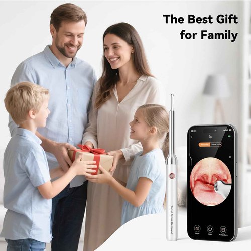 2025 Upgraded Tonsil Stone Remover with Camera, Visual Tonsil Stone Removal Kit with 6 LED Light, Tonsil Stone Removal Tool Camera with 1080P, 5 Head Attachments, for iOS & Android (White)