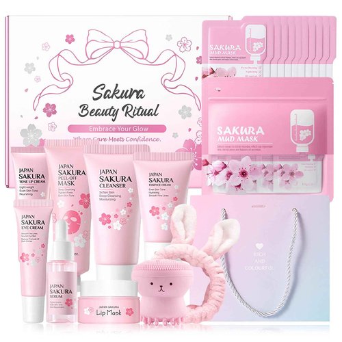 MrCuvaryas Sakura Skincare Set For Teen Girls & Women, 32PCS Face Care Kit With Cherry Blossom Essence, Serum, Cleanser, Lip Mask, Mud Mask & More