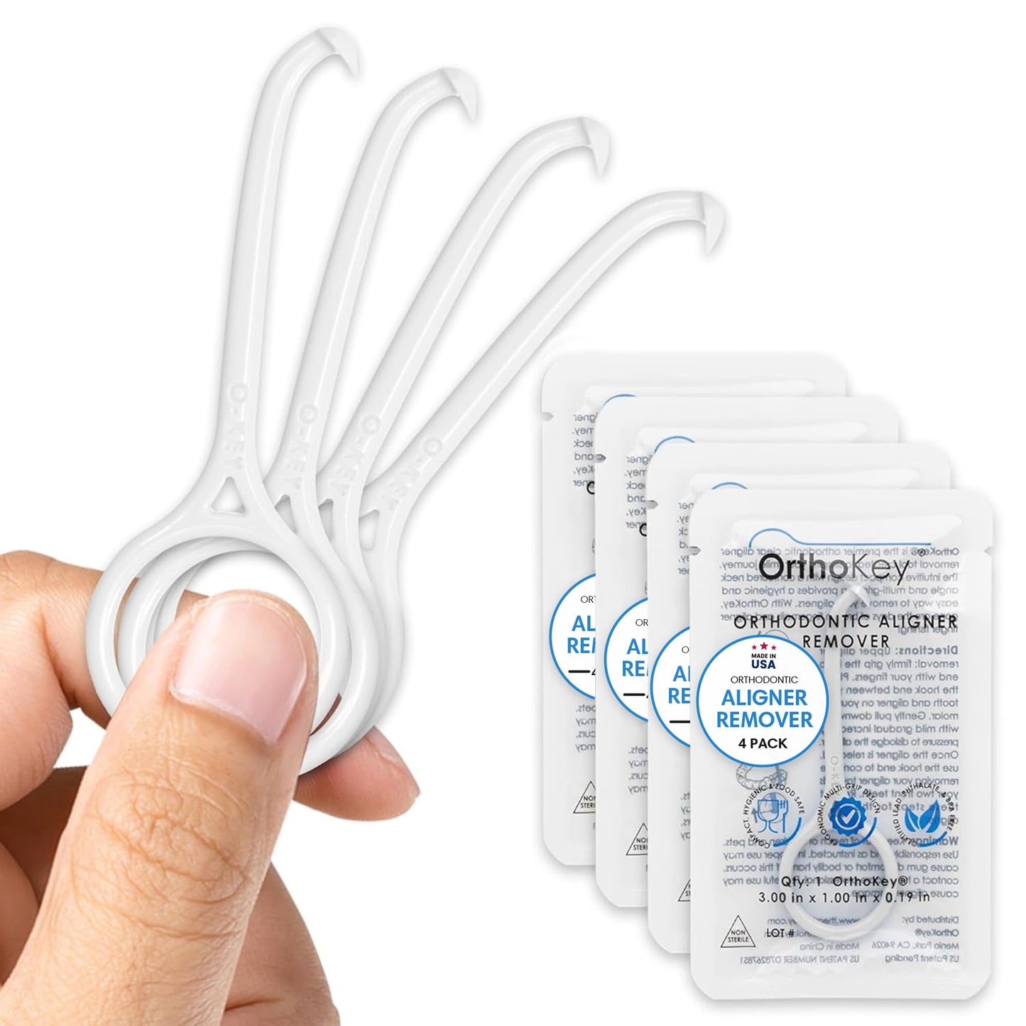 OrthoKey Clear Aligner Removal Tool - Dental Grade Invisalign Remover for Invisible Braces, Retainers, and Aligners, White (4-Pack)