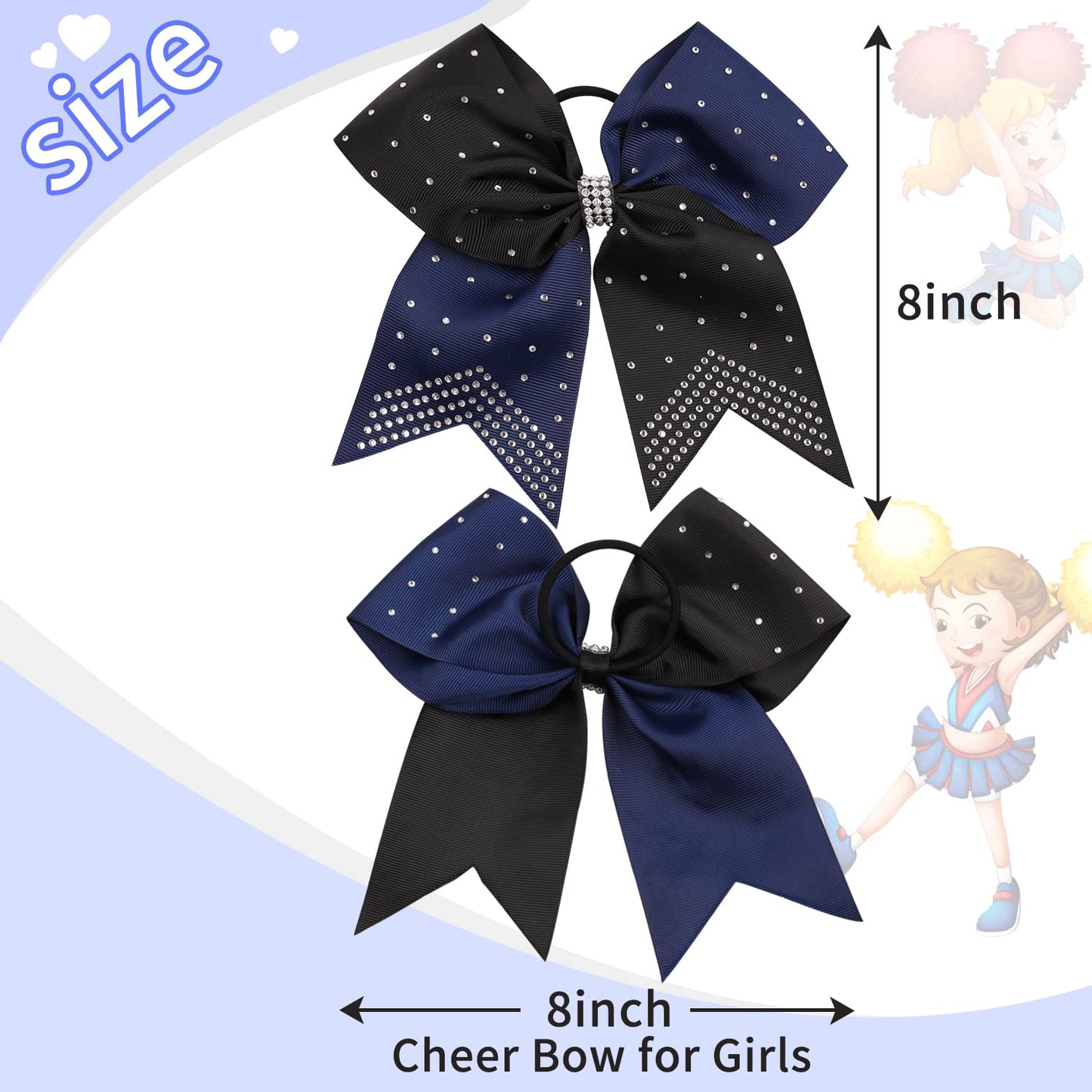 6PCS 8" Large Cheer Hair Bows Ponytail Holder, Rhinestones Cheerleader Bows with Elastic Band Hair Tie Handmade for Cheerleading Teen Girls College Sports (Black/Navy)