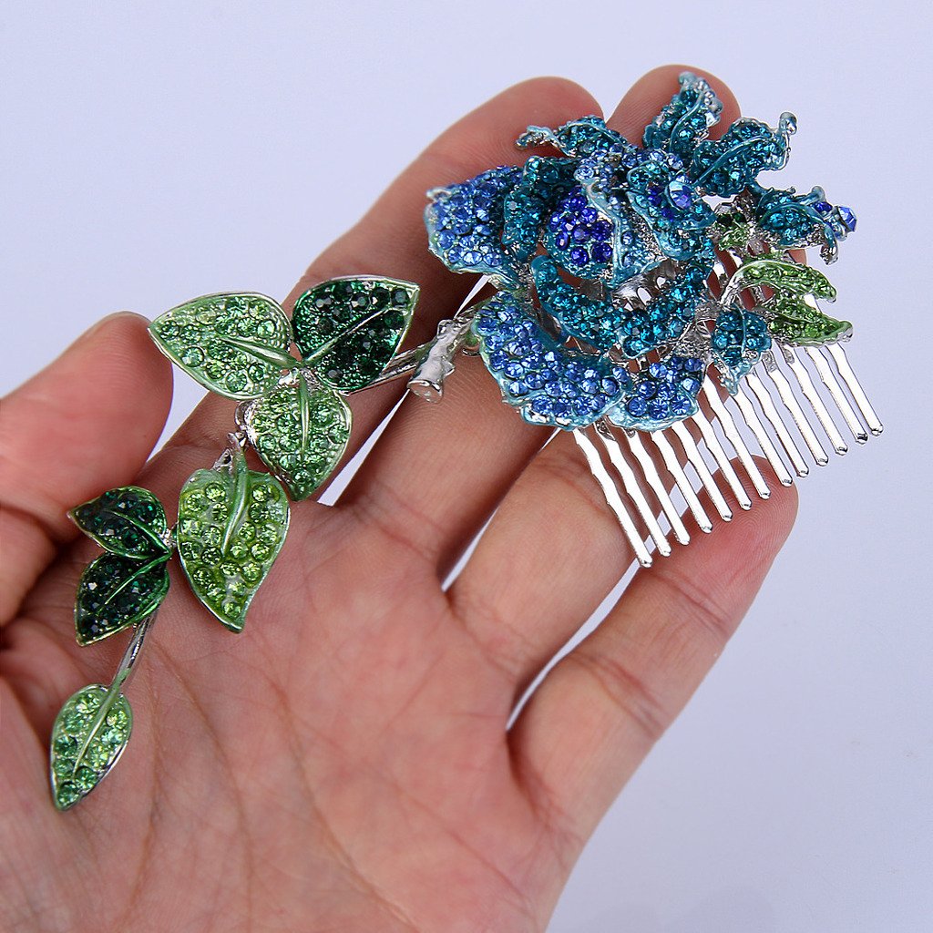 EVER FAITH Silver-Tone Austrian Crystal Enamel Wedding Rose Flower Vine Leaf 5.5 Inch Hair Comb Blue