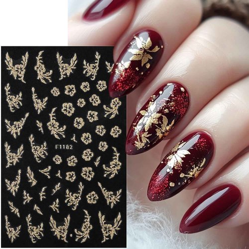 6 Sheets Fall Nail Stickers for Nail Art Gold Glitter Flower Leaf Nail Decals 3D Self-Adhesive Autumn Thanksgiving Nail Decals Fall Leaves Nail Decoration for Women DIY Manicure Nails Supplies