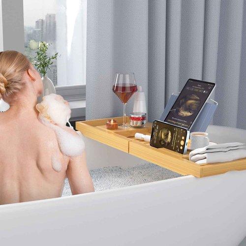 Sen Yi Bao Luxury Bamboo Bathtub Tray - Wooden Expandable Caddy with Book, Tablet, Wine Holder - Gift Idea