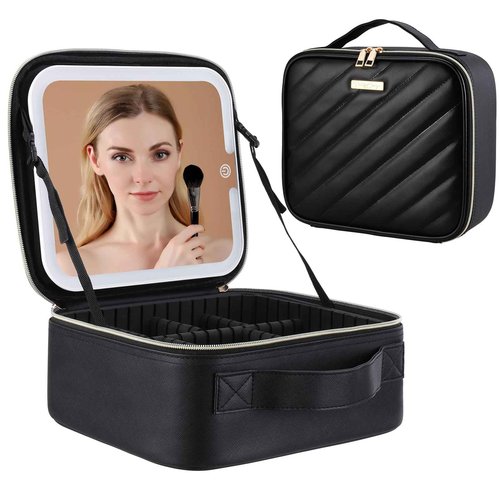 Pretty Comy Travel Makeup Bag with Led Mirror, Portable Makeup Train Case Led Makeup Bag with Mirror Makeup Organizer Bag Travel Organizer Bag Makeup Case Ideal Gifts for Mom Women