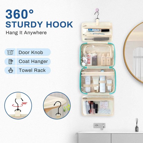 ASKSKY Large Travel Toiletry Bag for Women, Waterproof Hanging Toiletry Bags with Jewelry Organizer, Cosmetic Makeup Bag Organizer, Full-size Container, Travel Essentials Accessories, Shampoo, Green