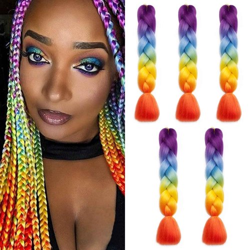 Ombre 24 inch Jumbo Braid Hair Extensions Rainbow Jumbo Box Braids Crochet Hair Long for Women Kids DIY High Temperature Synthetic Fiber 4 Tones Purple+Blue+Yellow+Orange 5 Bundles