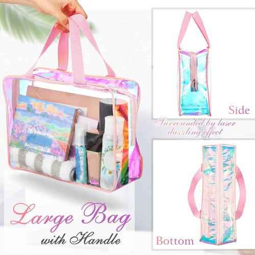 Sweetude 10 Pcs Large Clear Toiletry Bag Large Capacity Travel Iridescent Makeup Bag PVC Clear Plastic Tote Punch Cosmetic Clothes Organizer for Women Men(Pink)