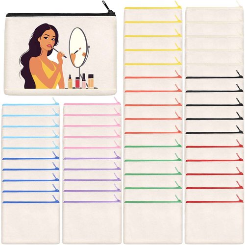50Pcs Canvas Makeup Bags Bulk, 7.87 x 5.7 Inch Cotton Sublimation Blank DIY Heat Transfer Cosmetic Bag w/Colorful Zipper for Bridesmaid Makeup Bag Travel Toiletry Pouch Storage, Ivory, Christmas Craft