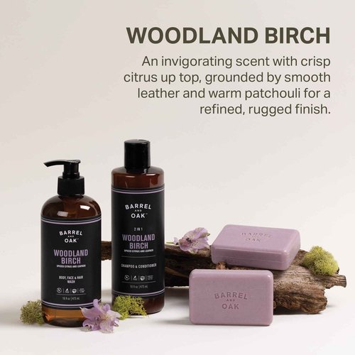 Barrel & Oak Woodland Birch Body Care Set for Men, All-in-One Body Wash, Exfoliating Bar Soap, & 2-in-1 Shampoo and Conditioner Set, Hydrating Grooming Kit, Vegan Gifts for Men, 3-Pack