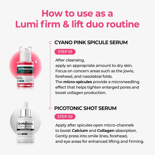 Dr.Melaxin Lumi firm & lift Duo | Korean facial Collagen Firming serum plumping skin & tightening refines skin repair density | Cyano Pink Spicule Serum + Picotonic Shot Ampoule