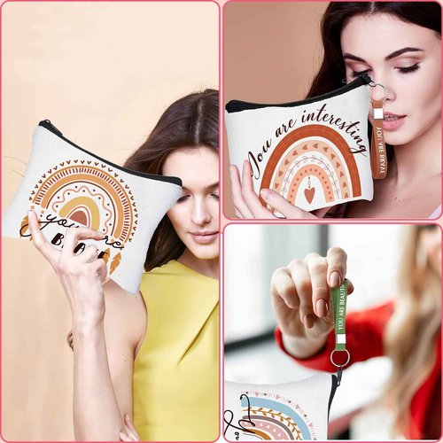 Hillban 32 Pcs Canvas Cosmetic Makeup Bag Women Christmas Inspirational Gifts Travel Toiletry Makeup Bag Pouch with Inspirational Keychains for Christmas Women Teacher Appreciation Gift(Rainbow)