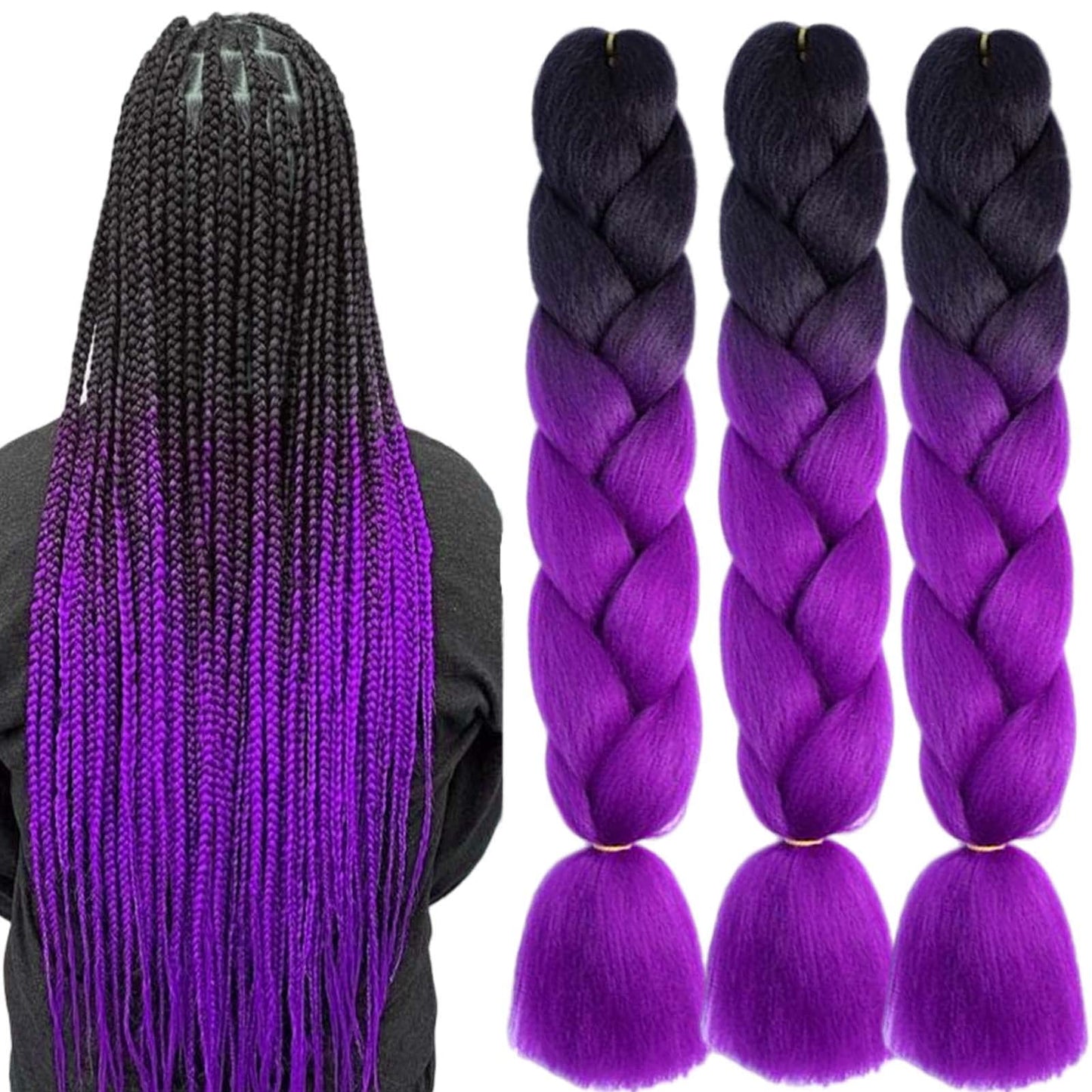 TENGSHUO FLY Black to Purple Braiding Hair 3 Packs Synthetic Braid Hair Extensions Jumbo Ombre Braiding Hair 24 Inch or Box Braids Twist Crochet Braids(24"3Pack,Black to Purple)